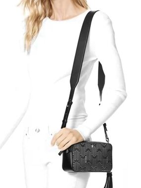 Michael Kors Mott Metallic Deco Crossbody Camera Bag with Tassel Black & Silver
